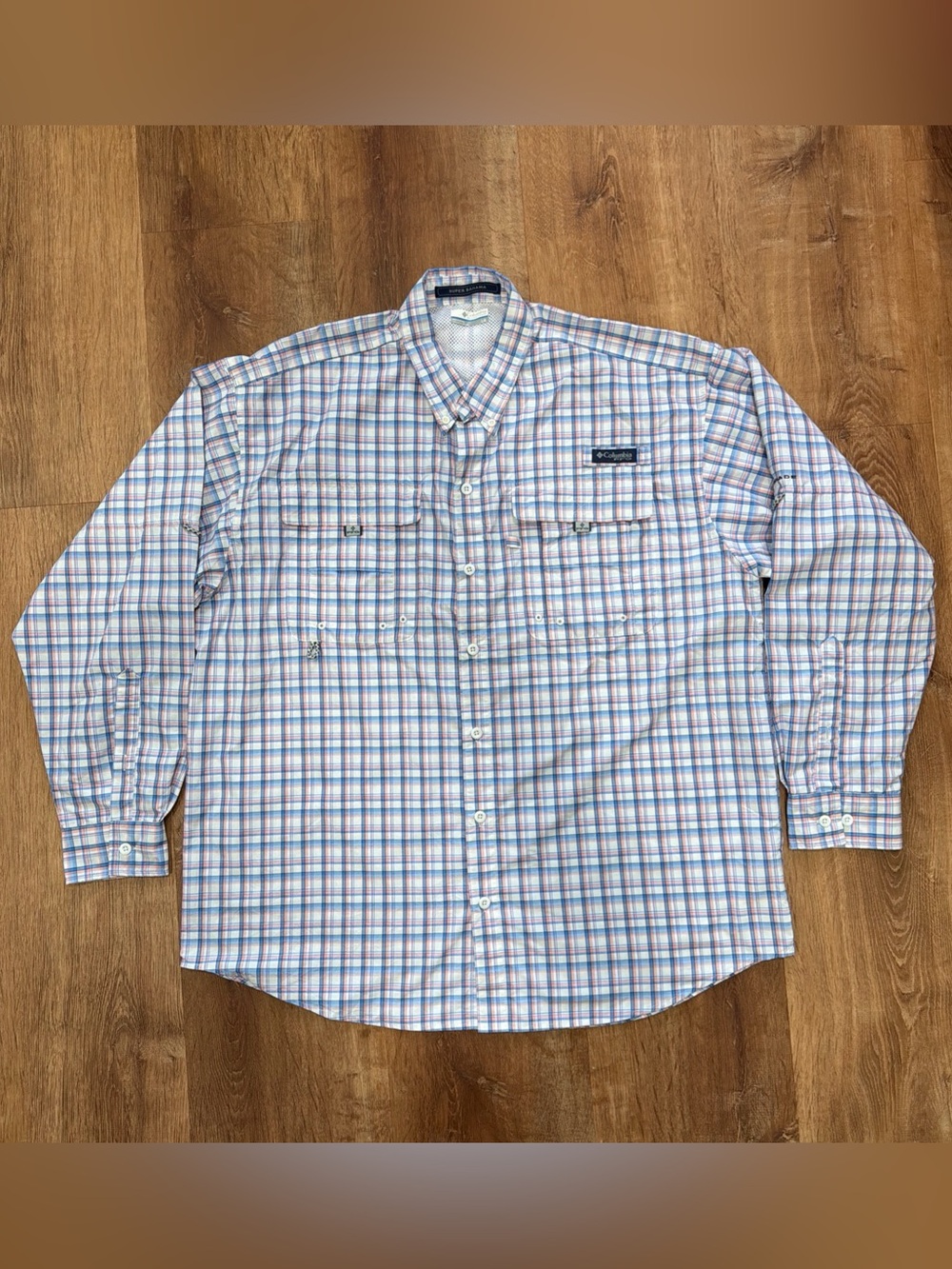 Columbia PFG Super Bahama Fishing Shirt Mens L Blue Pink Plaid Vented Outdoors